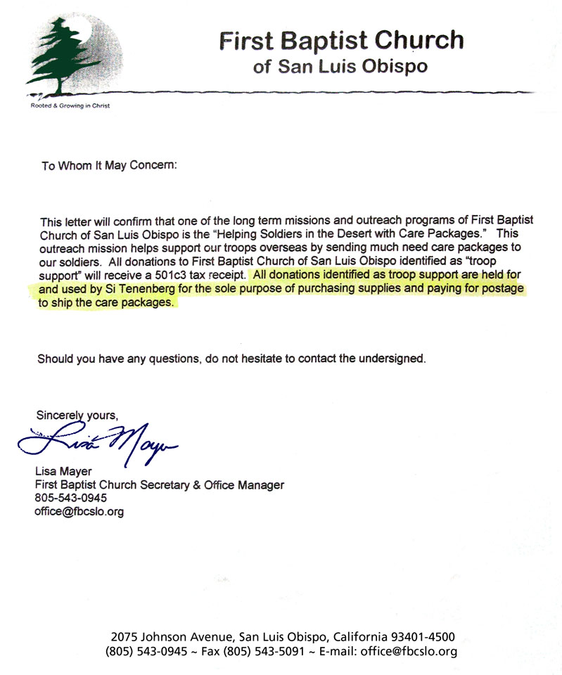Non-profit status letter from First Baptist Church of San Luis Obispo